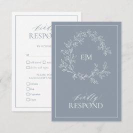 Dusty Blue Leafy Crest Monogram Weddenschap RSVP-k RSVP Kaartje