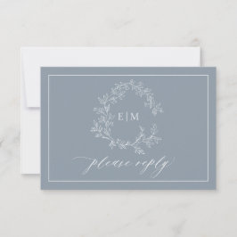 Dusty Blue Leafy Crest Monogram Weddenschap RSVP-k RSVP Kaartje