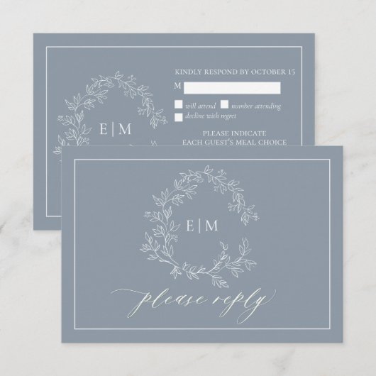 Dusty Blue Leafy Crest Monogram Weddenschap RSVP-k RSVP Kaartje (Voorkant / Achterkant)