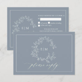 Dusty Blue Leafy Crest Monogram Weddenschap RSVP-k RSVP Kaartje