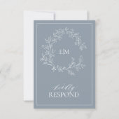 Dusty Blue Leafy Crest Monogram Weddenschap RSVP-k RSVP Kaartje (Voorkant)
