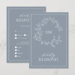 Dusty Blue Leafy Crest Monogram Weddenschap RSVP-k RSVP Kaartje