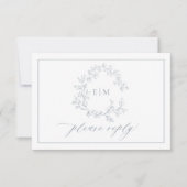 Dusty Blue Leafy Crest Monogram Weddenschap RSVP-k RSVP Kaartje (Voorkant)
