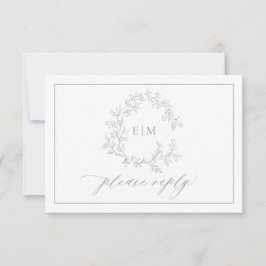 Dusty Blue Leafy Crest Monogram Weddenschap RSVP-k RSVP Kaartje