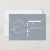 Dusty Blue Leafy Crest Monogram Weddenschap RSVP-k RSVP Kaartje (Achterkant)