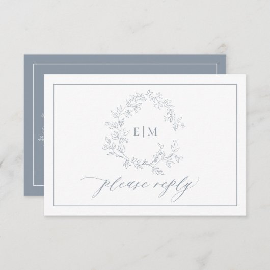 Dusty Blue Leafy Crest Monogram Weddenschap RSVP-k RSVP Kaartje (Voorkant / Achterkant)