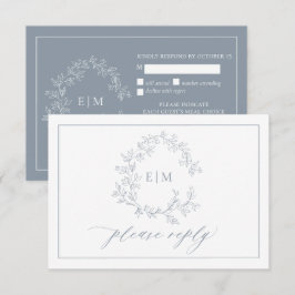 Dusty Blue Leafy Crest Monogram Weddenschap RSVP-k RSVP Kaartje