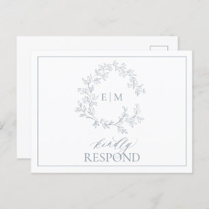 Dusty Blue Leafy Crest Monogram Weddenschap RSVP Uitnodiging Briefkaart