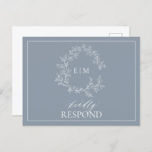 Dusty Blue Leafy Crest Monogram Weddenschap RSVP Uitnodiging Briefkaart
