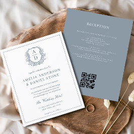 Dusty Blue Leafy Crest Monogram Wedding QR-code Flyer