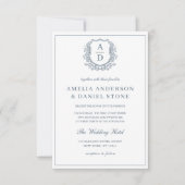 Dusty Blue Leafy Crest Monogram Wedding QR-code Kaart (Voorkant)