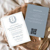 Dusty Blue Leafy Crest Monogram Wedding QR-code Kaart