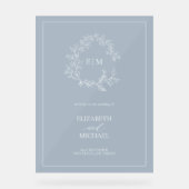 Dusty Blue Leafy Crest Monogram Welkomstbruiloft Acryl Bord (Voorkant)