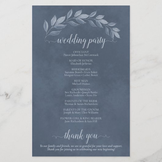 Dusty Blue Leaves Elegant Budget Wedding Programme (Achterkant)