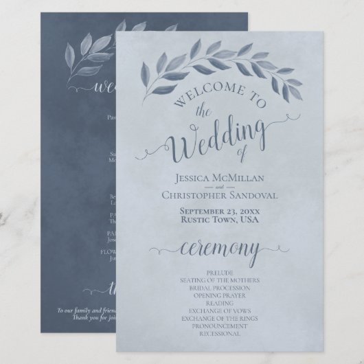 Dusty Blue Leaves Elegant Budget Wedding Programme (Voorkant / Achterkant)