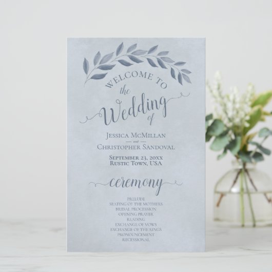 Dusty Blue Leaves Elegant Budget Wedding Programme (Staand voorkant)