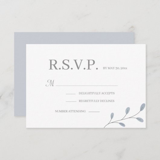 Dusty Blue Leaves Minimalist Wedding RSVP Kaart (Voorkant / Achterkant)