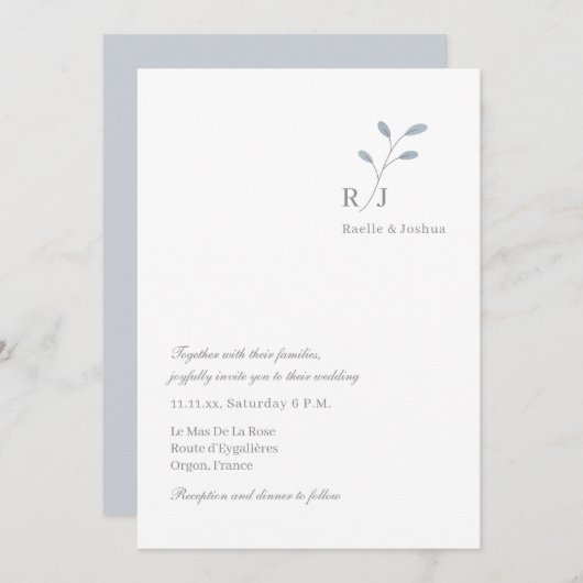 Dusty Blue Leaves Monogram Minimalist Chic Wedding Kaart (Voorkant / Achterkant)