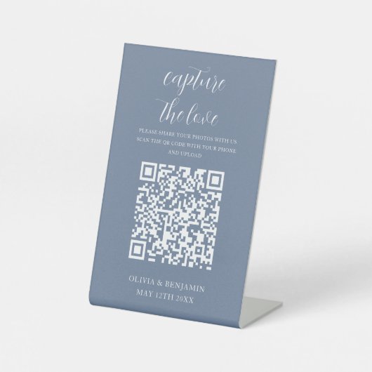 Dusty Blue | Leg de Love QR-code vast Reclamebord Met Voetstuk (Voorkant)