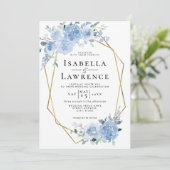 Dusty Blue Light Floral Gold Geometric Wedding Kaart (Staand voorkant)