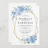 Dusty Blue Light Floral Gold Geometric Wedding Kaart (Voorkant / Achterkant)