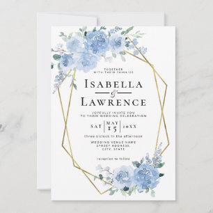 Dusty Blue Light Floral Gold Geometric Wedding Kaart