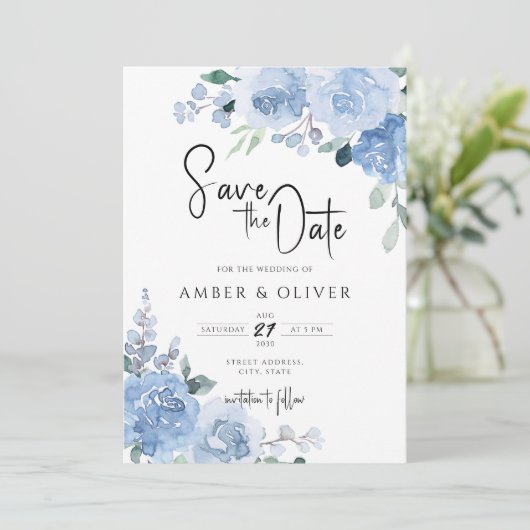 Dusty Blue Light Floral laat de datum op Kaart (Staand voorkant)