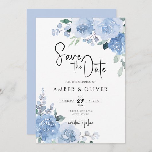 Dusty Blue Light Floral laat de datum op Kaart (Voorkant / Achterkant)