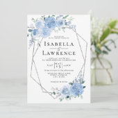 Dusty Blue Light Floral Silver Geometric Wedding Kaart (Staand voorkant)