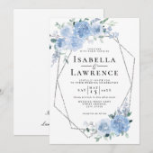 Dusty Blue Light Floral Silver Geometric Wedding Kaart (Voorkant / Achterkant)