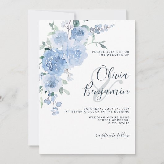 Dusty Blue Light Pastel Botanical Floral Wedding Kaart (Voorkant)