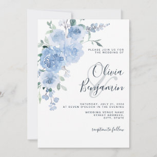 Dusty Blue Light Pastel Botanical Floral Wedding Kaart
