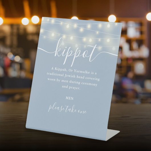 Dusty Blue Lights Joodse bruiloft Kippot Yarmulke Reclamebord Met Voetstuk