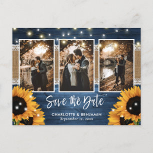 Dusty Blue Lights Sunflower 3 Foto Save the Date Aankondigingskaart