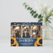 Dusty Blue Lights Sunflower 3 Foto Save the Date Aankondigingskaart (Staand voorkant)
