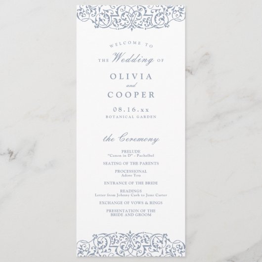 Dusty Blue Lijst Classic Wedding Programmakaart (Voorkant)