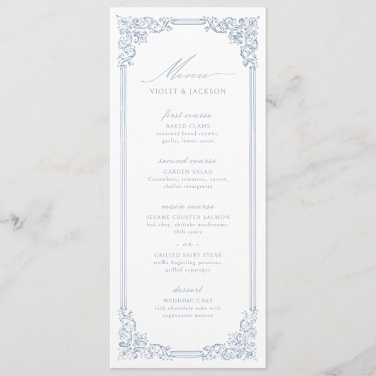 Dusty Blue Lijst Elegant Script bruiloft Menu (Voorkant)