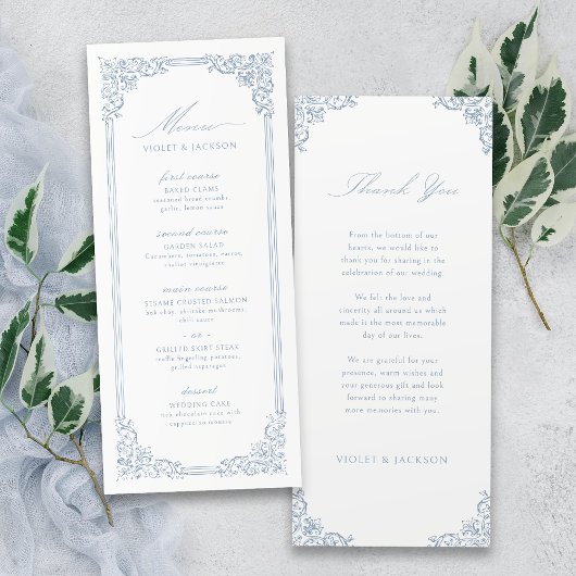Dusty Blue Lijst Elegant Script bruiloft Menu