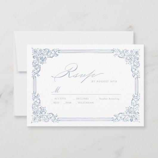 Dusty Blue  Lijst Elegant Script bruiloft RSVP Kaartje (Voorkant)