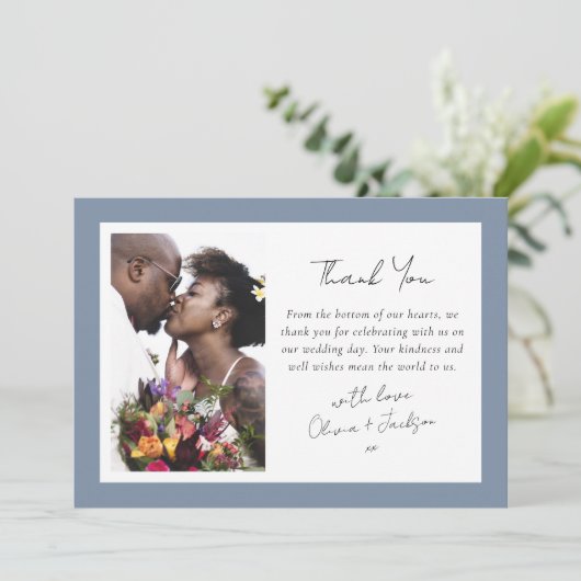 Dusty Blue Lijst Fotobruiloft Bedankkaart (Staand voorkant)