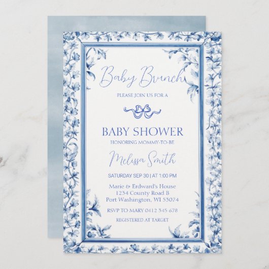 Dusty Blue Lijst Schattige lint Baby Brunch Kaart (Voorkant / Achterkant)