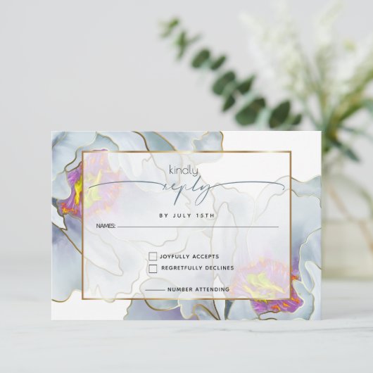 Dusty Blue Lila exotic Floral RSVP Kaartje (Staand voorkant)