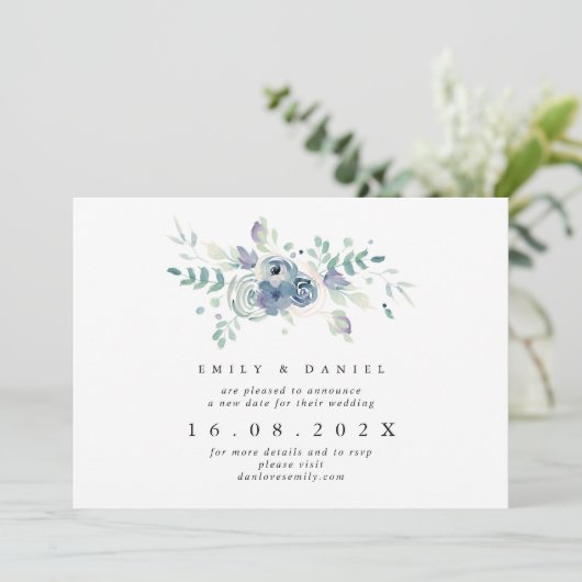 Dusty Blue & Lila Floral New Wedding Date Kaart (Staand voorkant)