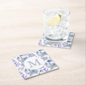  Dusty Blue Lila Waterverf Floral Monogram Kartonnen Onderzetters (Insitu)
