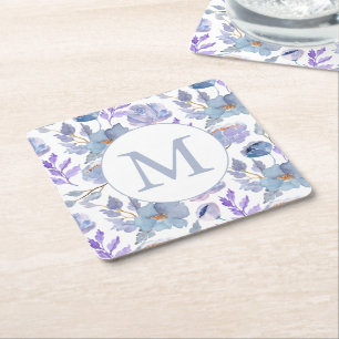 Dusty Blue Lila Waterverf Floral Monogram Kartonnen Onderzetters