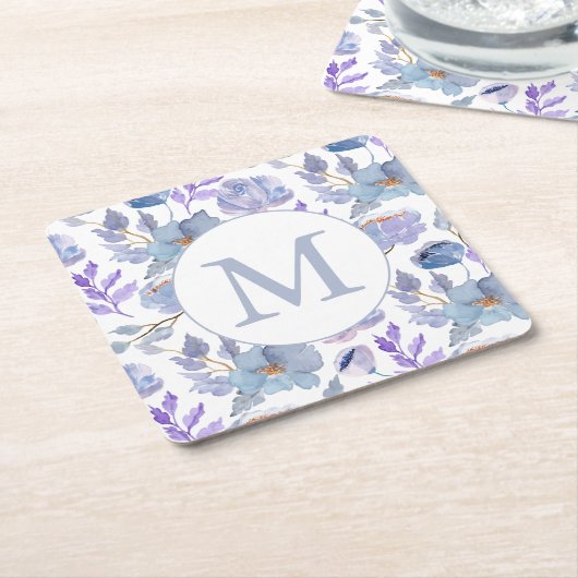  Dusty Blue Lila Waterverf Floral Monogram Kartonnen Onderzetters (Schuin)