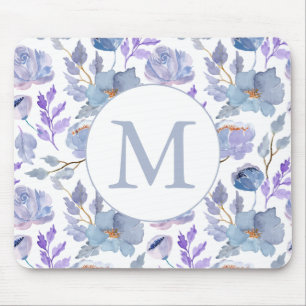  Dusty Blue Lila Waterverf Floral Monogram Muismat
