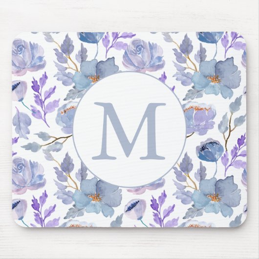 Dusty Blue Lila Waterverf Floral Monogram Muismat (Voorkant)