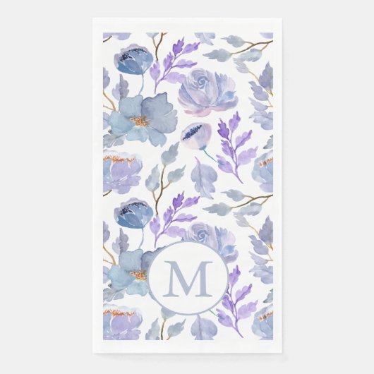  Dusty Blue Lila Waterverf Floral Monogram Servet (Voorkant)