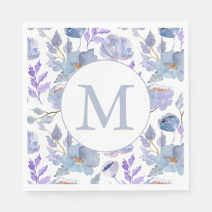  Dusty Blue Lila Waterverf Floral Monogram Servet